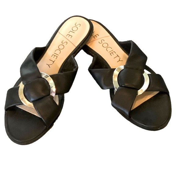 Sole Society Shoes - Sole Society Sandals Black and Silver Slides Flats Open Toes Comfy Size 9.5